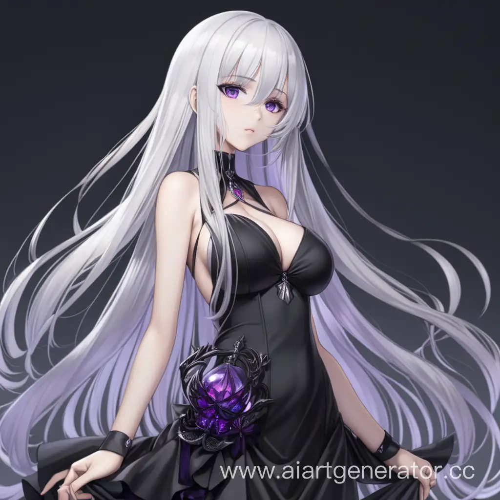 Аниме девушка с длинными белыми волосами и фиолетовыми глазами в чёрном платье с большим бюстом в полный рост
