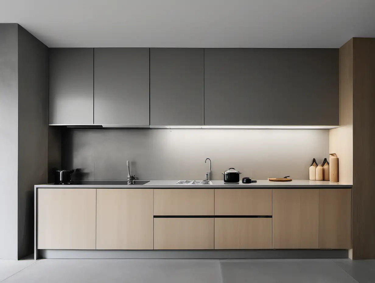 MINIMALISTIC LIGHT WOOD KITCHEN COUNTER WITH WALL CABINETS AND INDUCTION COOKER IN FRONT OF A GREY WALL
