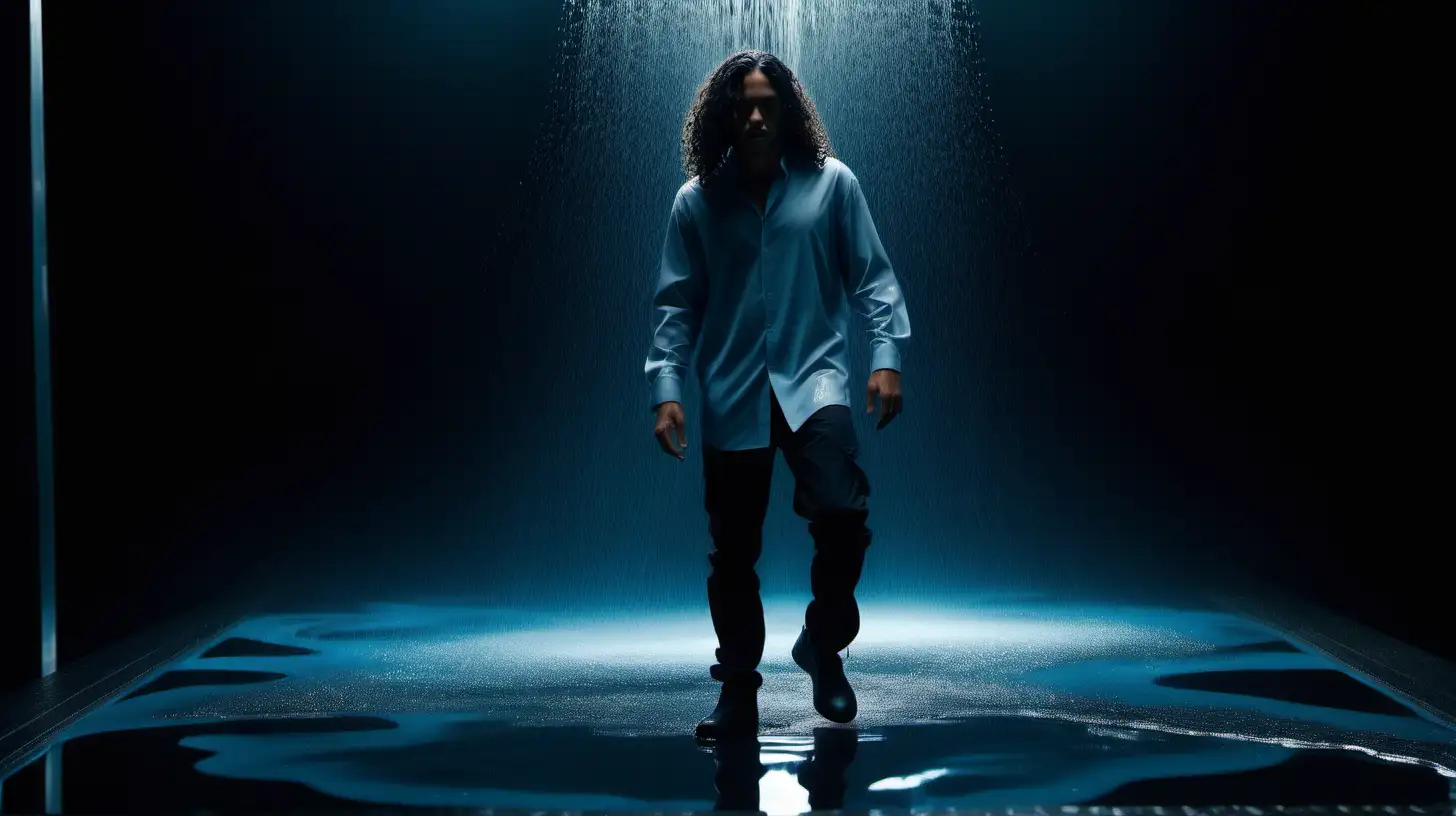 A cinematic scene shot with a Sony cineAlta extreme long shot of mixed peurto rican man with long curly hair walking on a reflective floor dripping water from a black dark abyss with a blue rim light. very futuristic clothing, after earth,  tight fitting mock neck shirt
