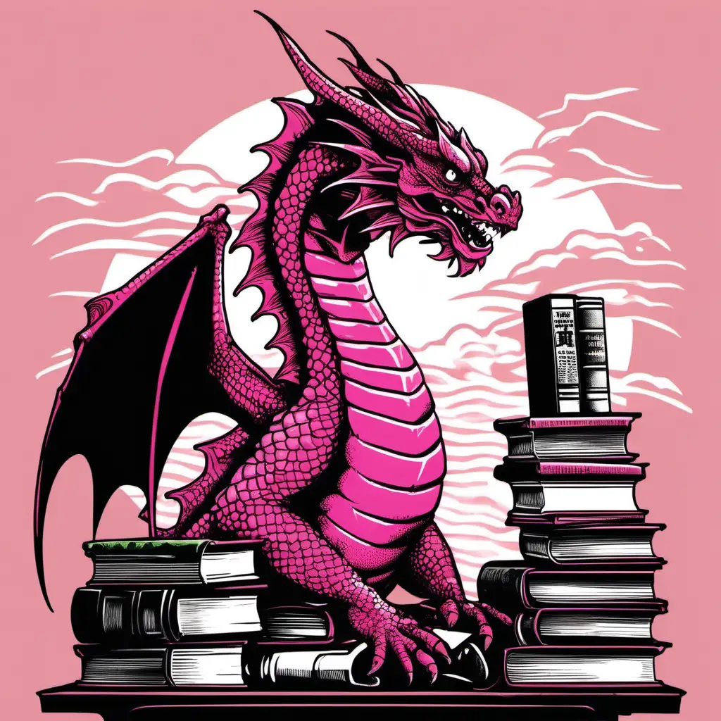 old building in background, pink
 dragon, stack of books, reading club, screen printed art, transparent background

