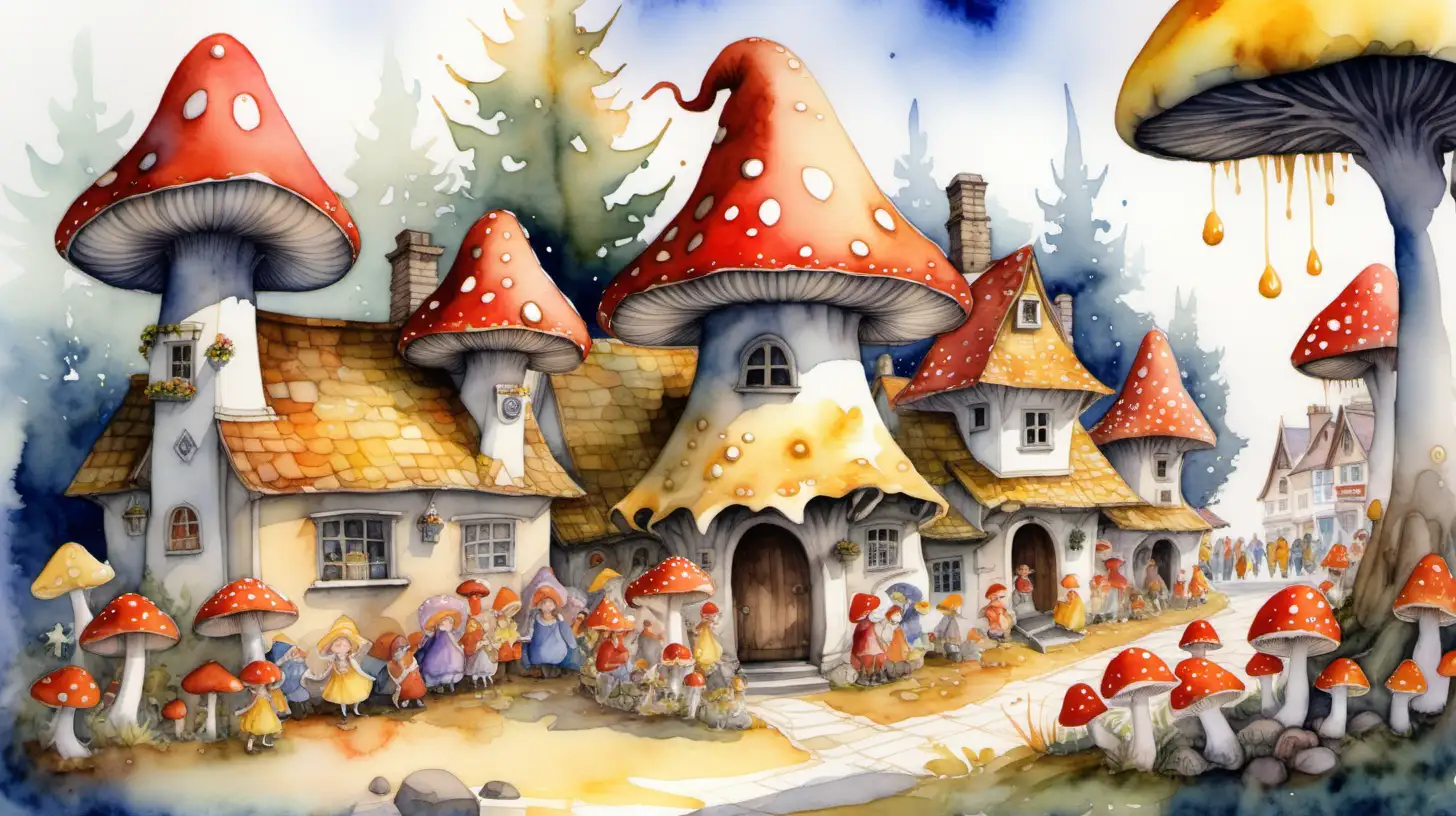 watercolour fairytale style painting. A horde of worried pixies gathered in a village square with a wishing well and shops shaped like yellow and red mushrooms. 