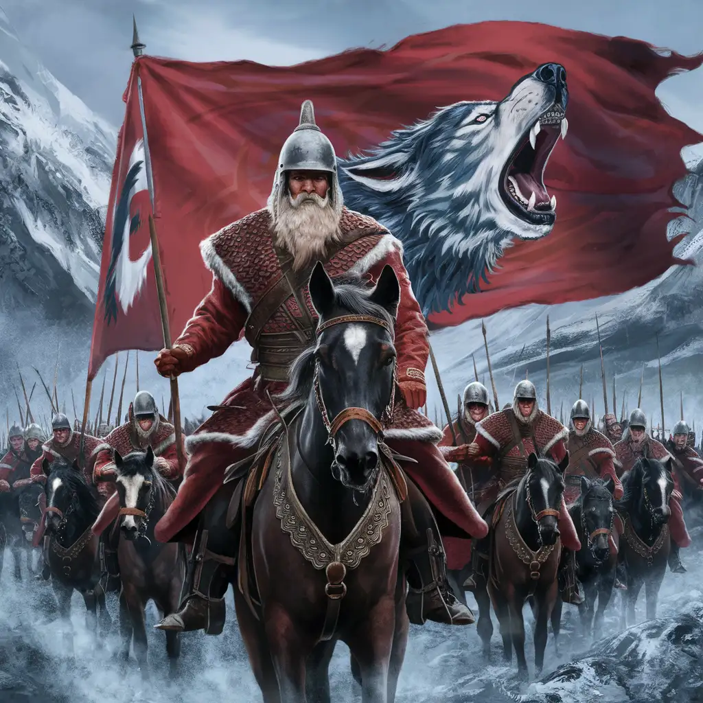 Кавказец чеченец завоеватель кавказской внешности верхом на лошади сзади его армия, одет шлем есть белачерная борода смотрит лицо кавказца сзади горы холод мороз держится сидя на лошади с флагом изображающим волка
