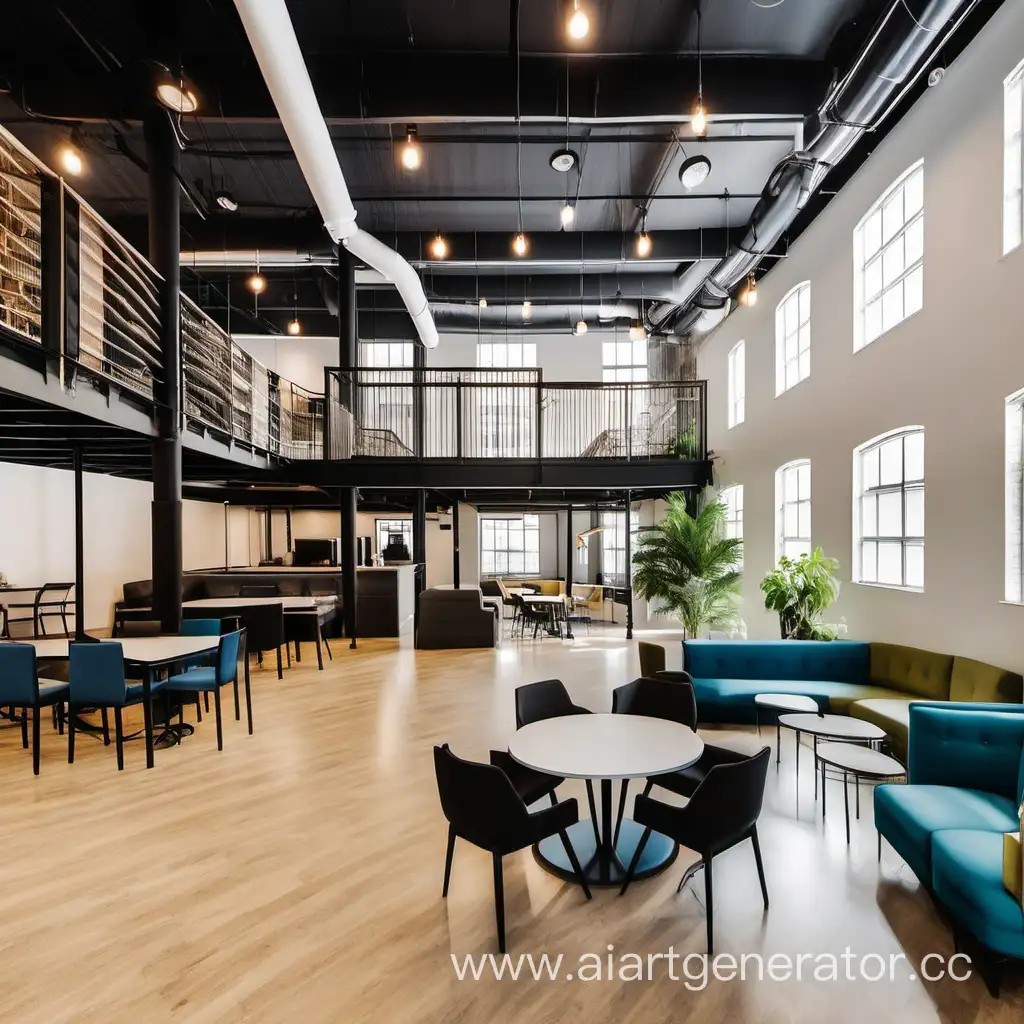 two-story coworking space with chairs tables and sofas