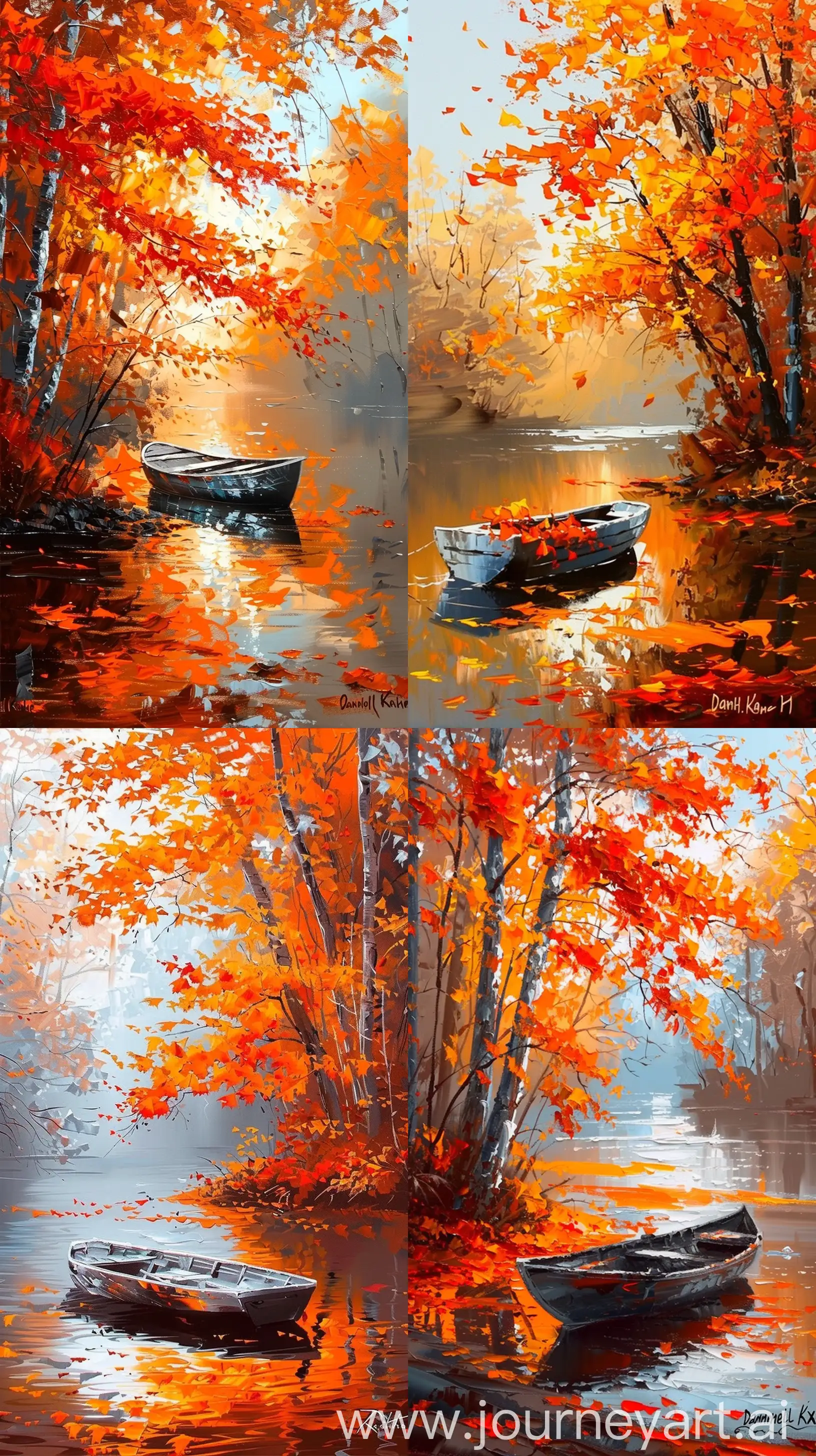 daniel kahne canvas painting of autumn leaves canvas picture painting by daniel kahne , red maple forest , paintings , a boat , in the style of realistic landscape paintings , digital painting , romantic riverscapes , silver and orange , dark amber and white , nostalgic post-impressionism +++!!+ --ar 9:16 --sref https://s.mj.run/_Ae8GEp2LFI --sw 580 --v 6
