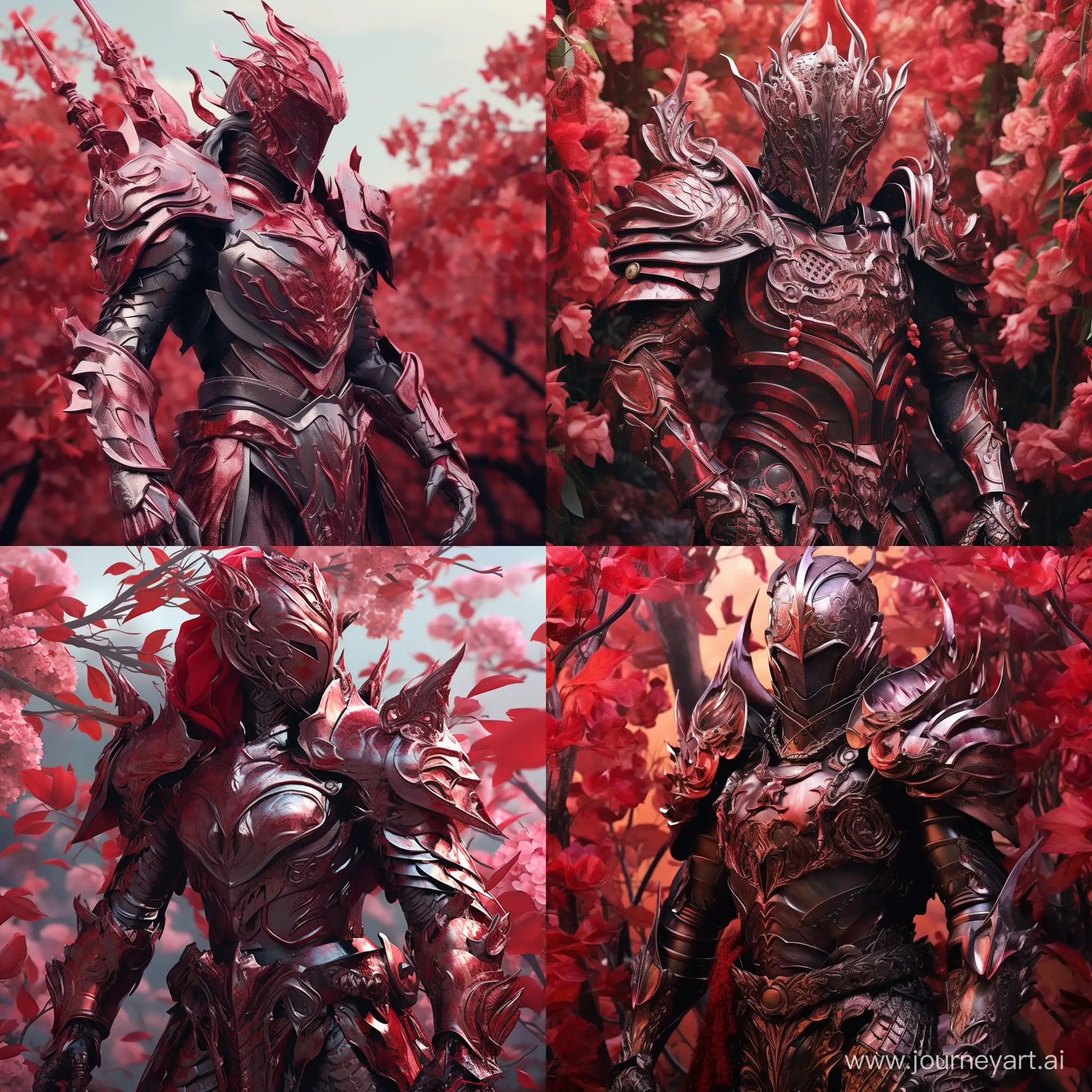 Medieval fantasy armor, full-plate armor, construct, no human features, a living armor, red color, crimson armor, red dragon scale armor, holding enchanted dark spear, flower field background