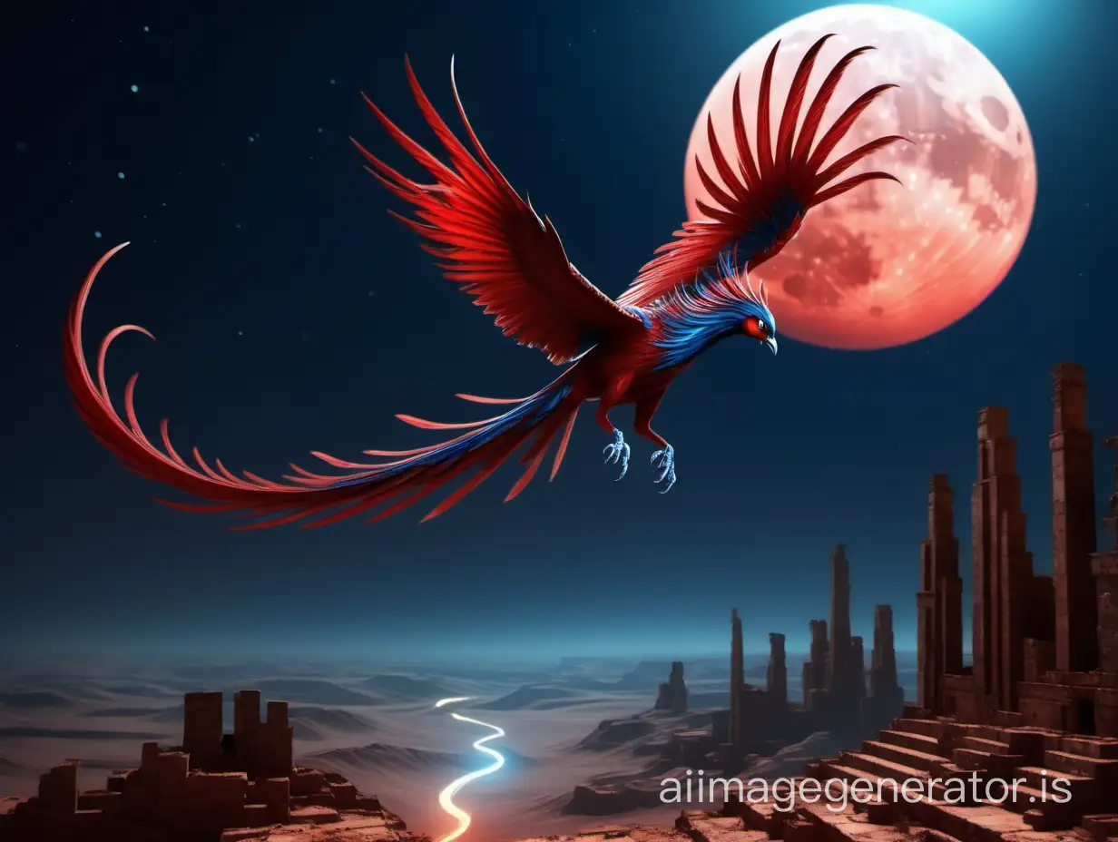 Phoenix in natural bird flight, with a base body color of blue that gradually turns to blood red. A long flowing tail. Flying over a desert landscape filled with stone ruins under a full moon