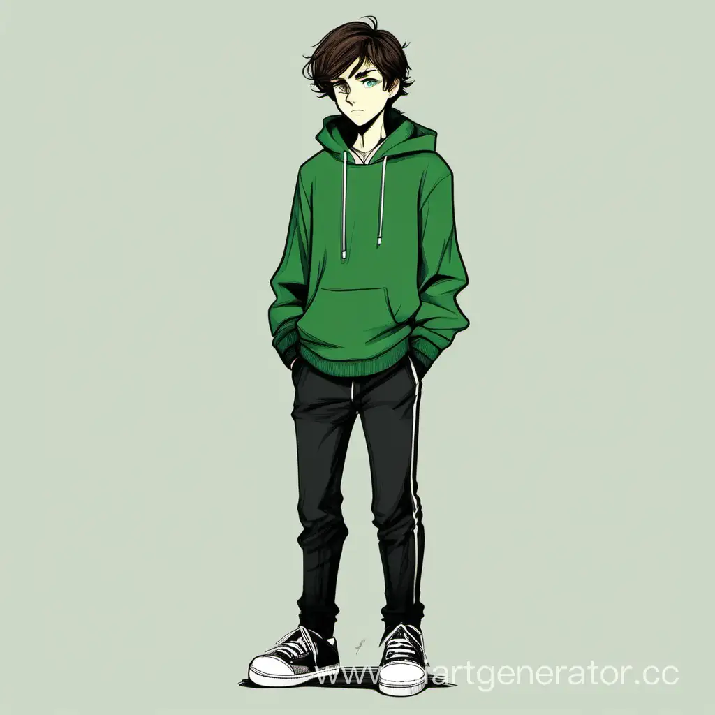 Нарисованный Паренек 15 лет, с коричневыми волосами, зелеными глазами, зеленой толстовкой, черными штанами, черными кедами с белыми шнурками. Стоит лицом