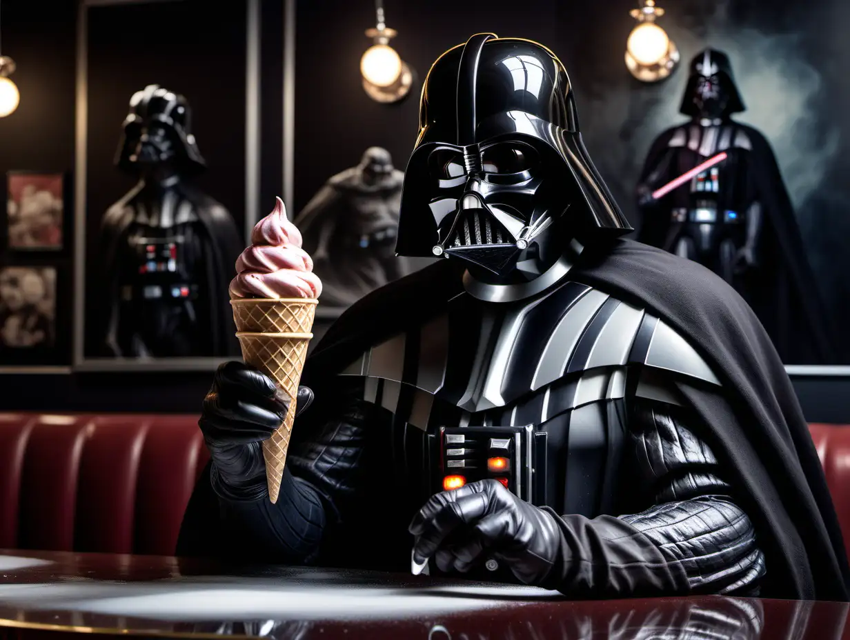 Darth Vader eating ice cream in an ice cream parlor in style of photorealism by frank frazetta, photograph, high detail, elegant, close up and dark background