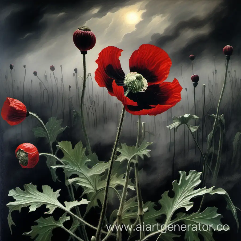 The painting depicts an opium poppy in all its gloomy beauty. The poppy flowers and leaves look withered and emaciated, as if they were flooded with darkness and immersed in endless longing. The flowers have a deep dark red hue, which gives them an impression of heaviness and oppression. Thick foggy smoke reigns around the poppy, which creates a feeling of gloom and sadness. The whole picture is filled with a sense of gloom and despair, as if it embodies the stormy and tragic history of this opium plant.