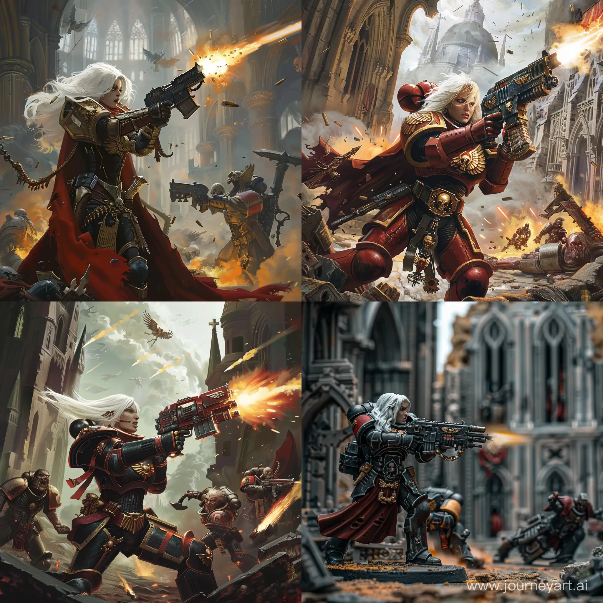 white haired adepta sororitas in in gothic female power armour, firing bolter, cathedral ruins and fallen chaos cultists around her