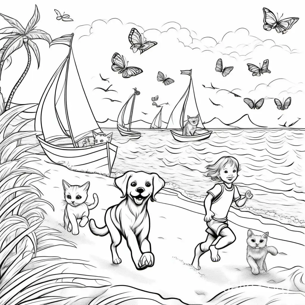 Make a coloring book page for a 2 year old of a sunny beach scene with calm ocean waters. There are gold retrievers running on the beach and two cats on a sail boat off in the distance. There are a few butterflies flying around. Two people are playing soccer on the beach 