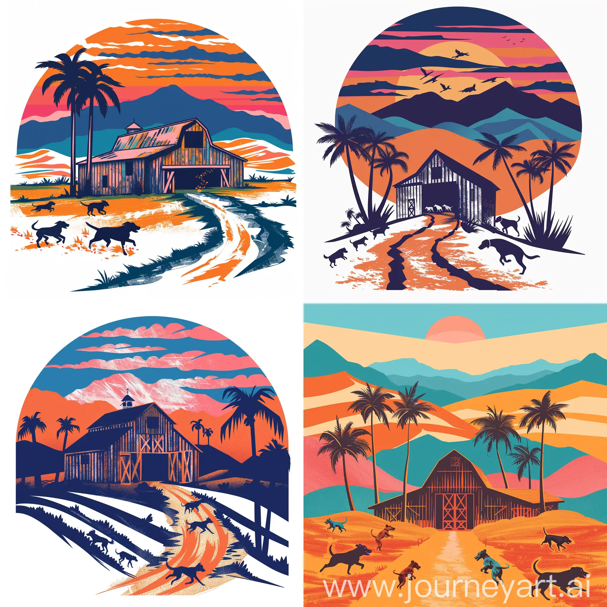 A logo design with Vibrant Oranges, blues and pinks. Like a Florida sunset in the sky. a rustic barn with dogs running free in open land some palm trees and make the mountains dunes, all rolling dunes with palm trees,  Keep the foreground flat and thr dirt road coming out of the barn. Just put the dunes in the background like the mountains dunes and more dogs