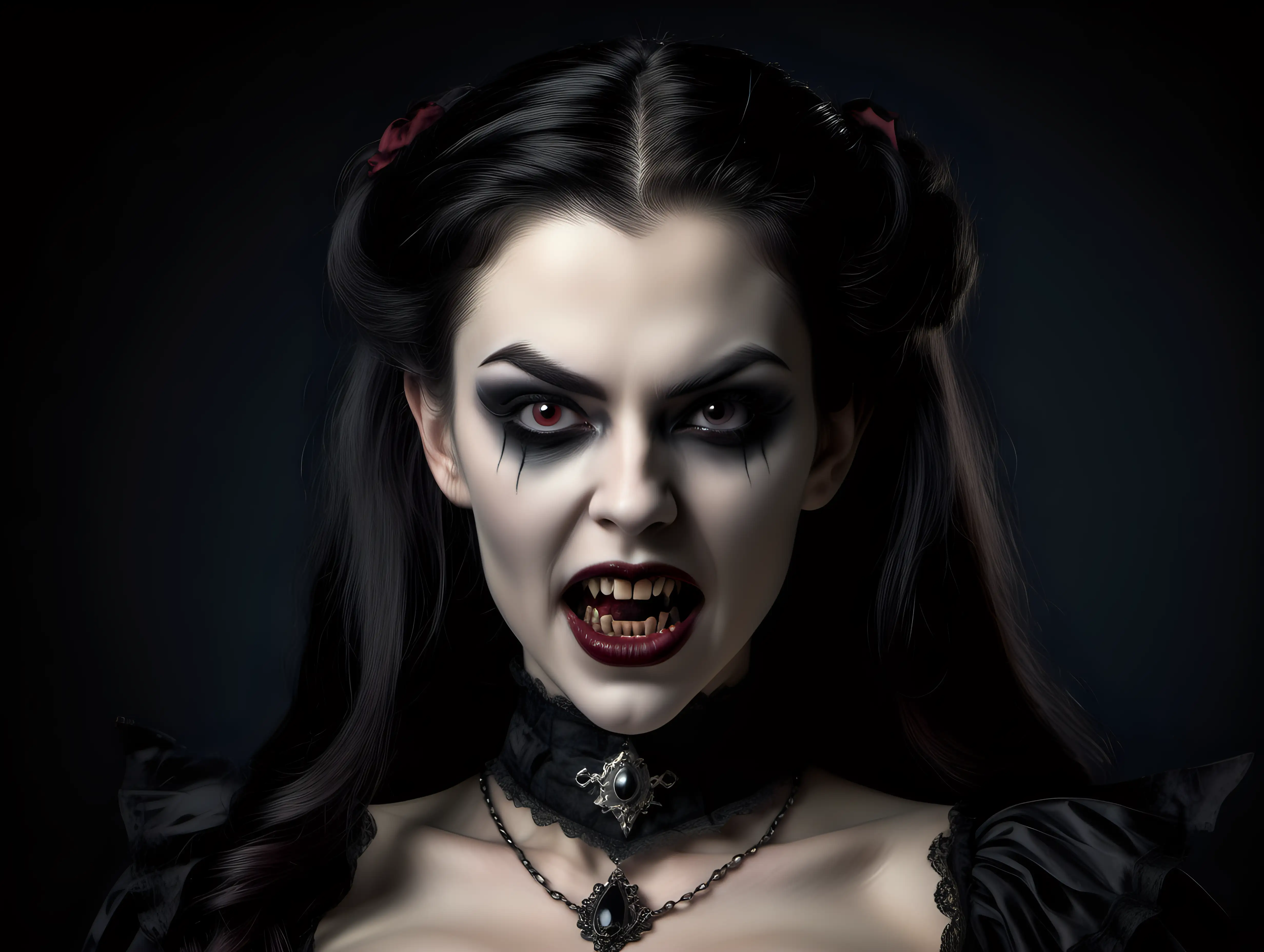 Realistic Victorian Vampire woman, 25 years old with a clear and symmetrical face, gorgeous features, corset, beautiful, dark, evil, mouth open, two very long sharp canine teeth on the top jaw longer than the other teeth