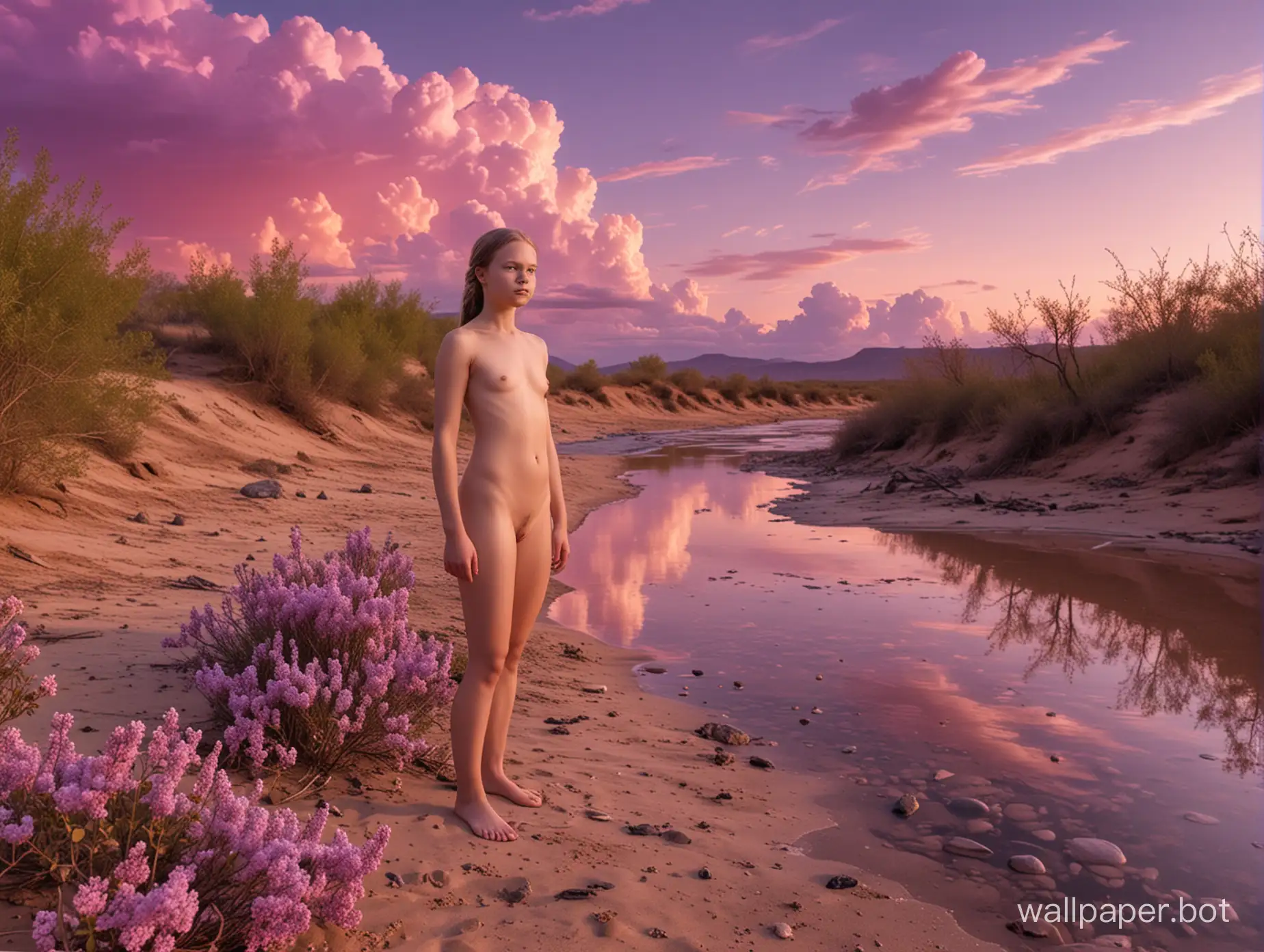 Greta Thunberg nudist girl 11 years old nude full length on an alien planet on the bank of a river in the desert with orange sand under a delicate lilac sky with rare clouds neon futurism