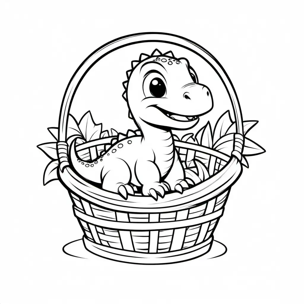 baby dinosaur come out of a basket without background, Coloring Page, black and white, line art, white background, Simplicity, Ample White Space. The background of the coloring page is plain white to make it easy for young children to color within the lines. The outlines of all the subjects are easy to distinguish, making it simple for kids to color without too much difficulty