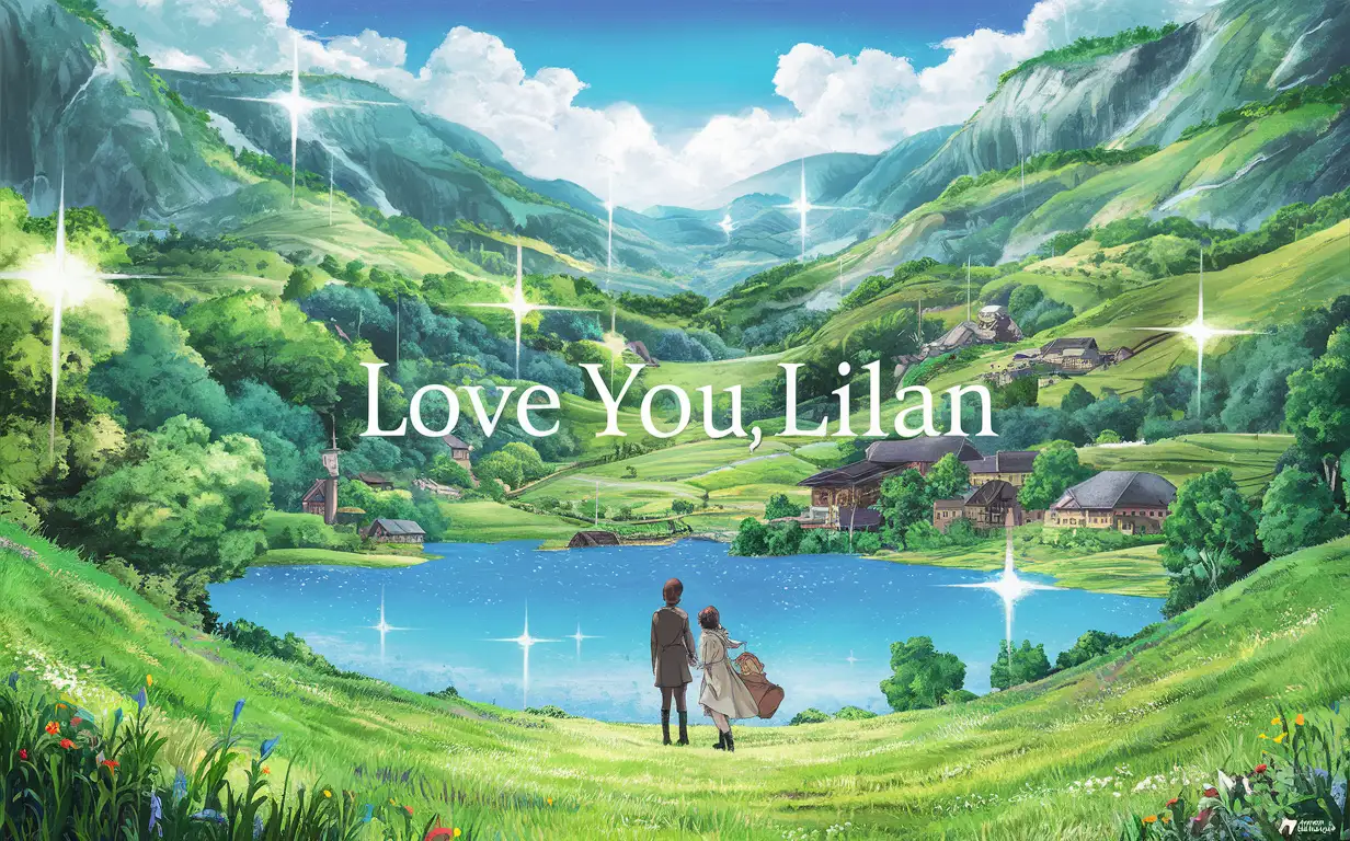 A beautiful countryside landscape with the word 'love you，lilian' in white letters centered on top of it, bright colors, in the style of anime, in the style of cartoons, in the style of Studio Ghibli, high quality, high resolution, hyper detailed, cinematic look.