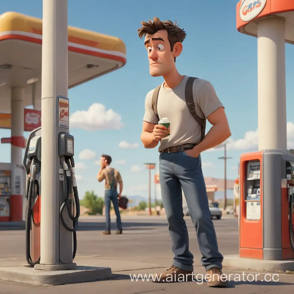 Cartoon-Man-Contemplates-Fuel-Choices-at-Gas-Station-Column