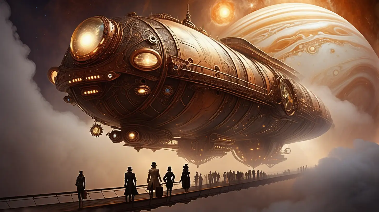 Steampunk Spaceship Passengers Boarding Earth with Jupiter Fog