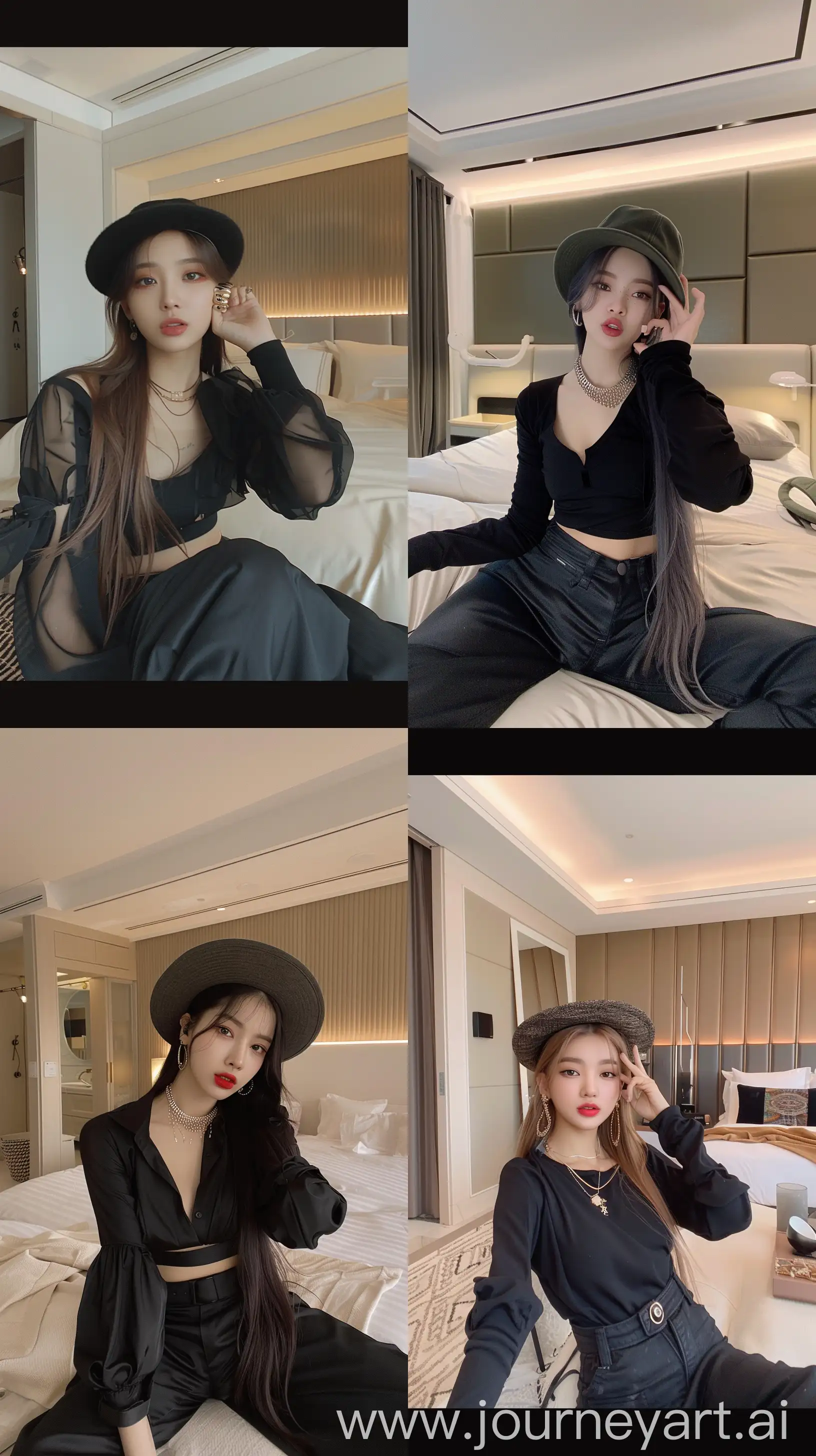 a blackpink's jennie, selfie, wearing cute black clothes, stylish flathat, aestethic make up, sit on a cream modern bedroom --ar 9:16