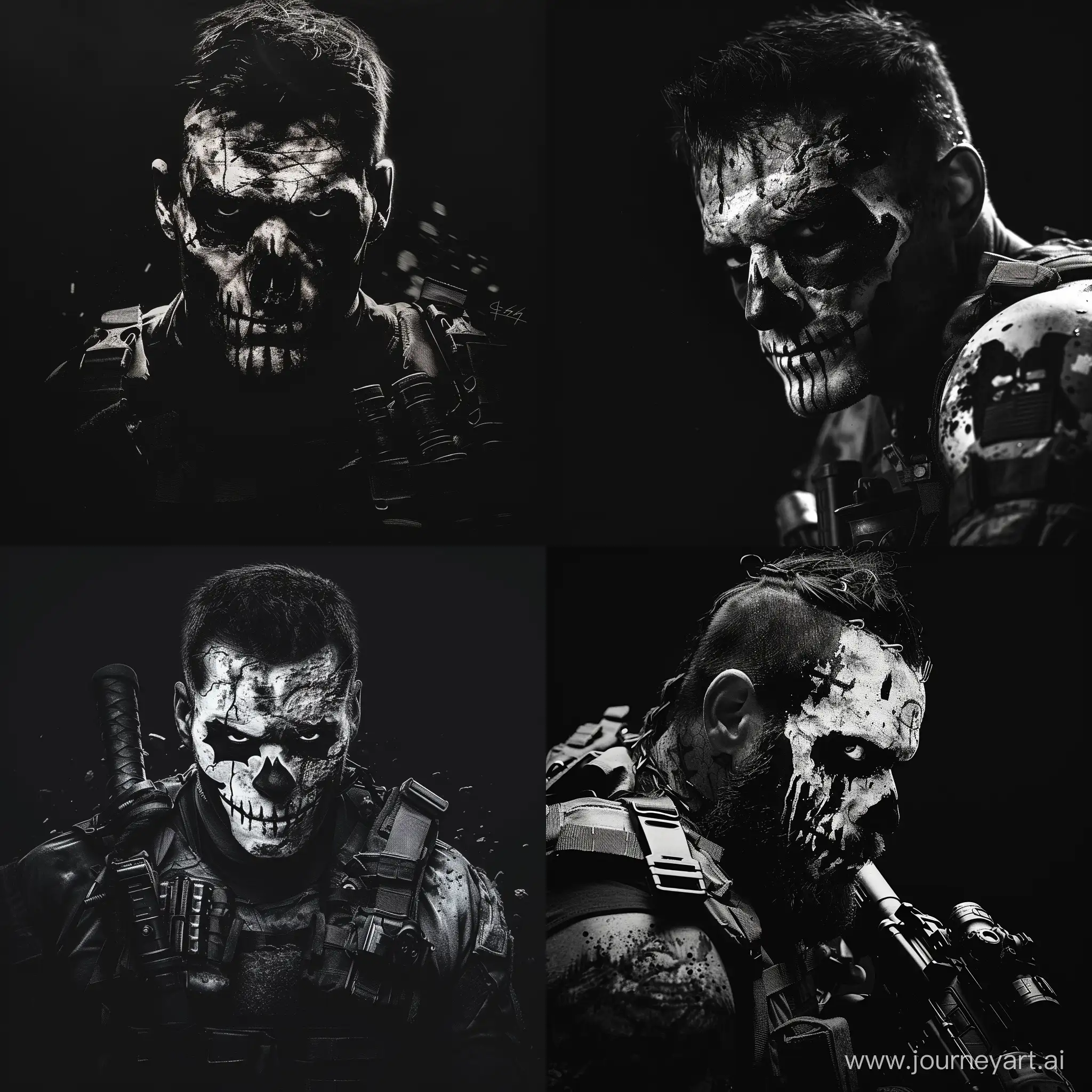logo, man, crudely painted skull of punisher war paint, military equipment, black and white, black background