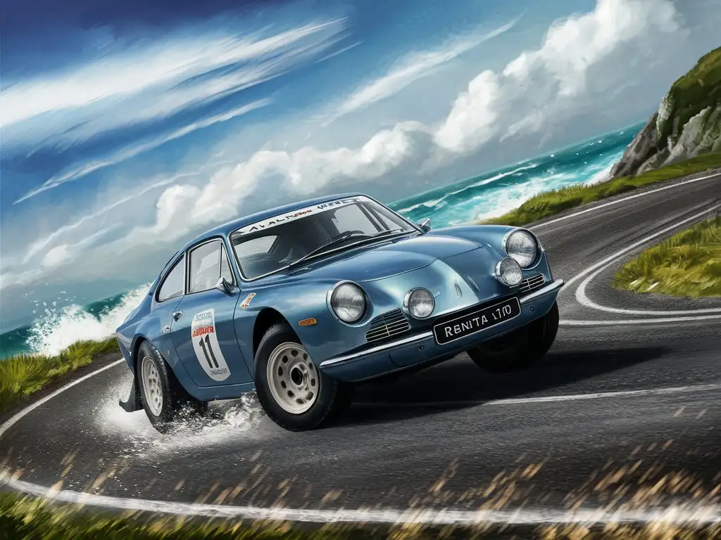 voiture, Alpine Renault, a110, berlinette, bleue métallisée, rallye, 1970, course, Corse, route sinueuse, montagne, virage épingle, dérapage,ciel bleu, nuages blancs, mer, vagues

