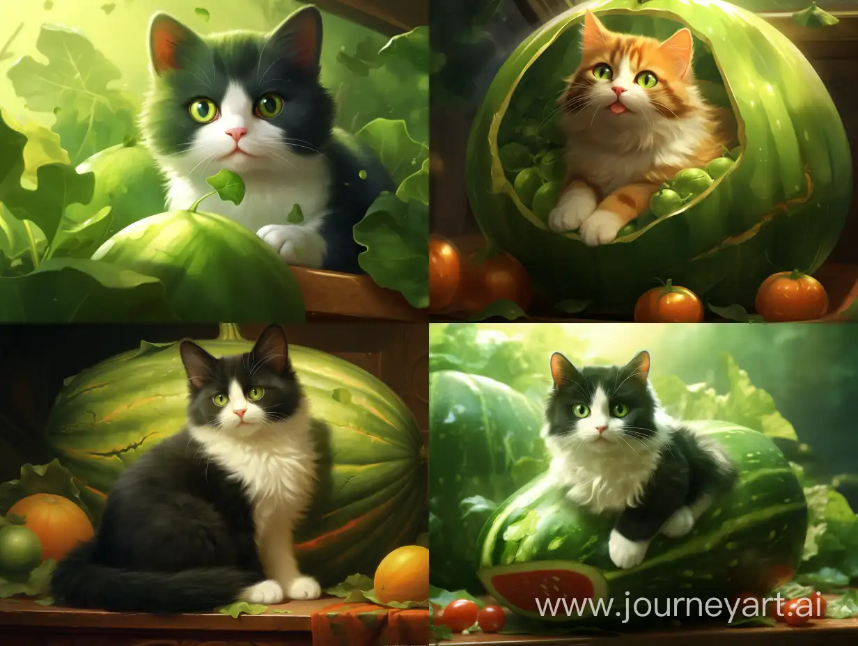 Playful-Cat-with-Melon-Helmet-on-Green-Grass