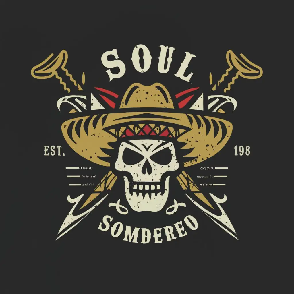 a logo design, with the text 'Soul Sombrero', main symbol: weathered rugged style hat, evil skull, rattlesnake, crossed swords, daggers, Minimalistic, to be used in the Entertainment industry, clear background