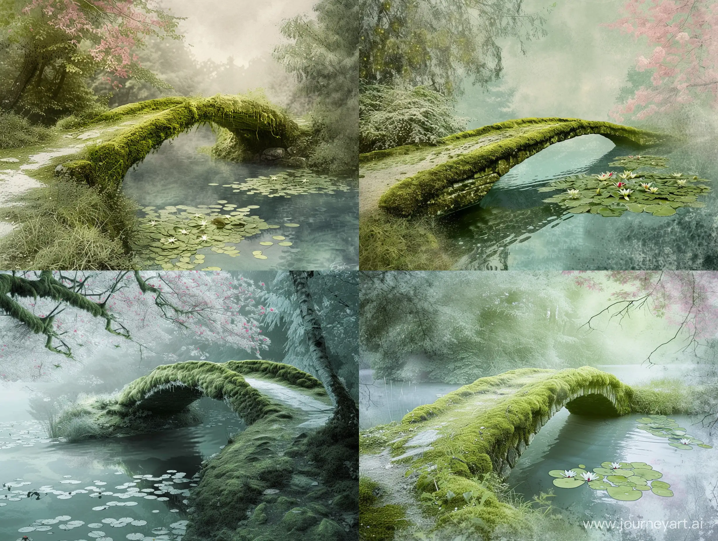 mossy bridge over a calm river with water lilies, side view, path, forest, in the style of an old illustration in green, blue, pink and white tones mossy bridge over a calm river with water lilies, side view, path, forest, in the style of an old illustration in green, blue, pink and white tones