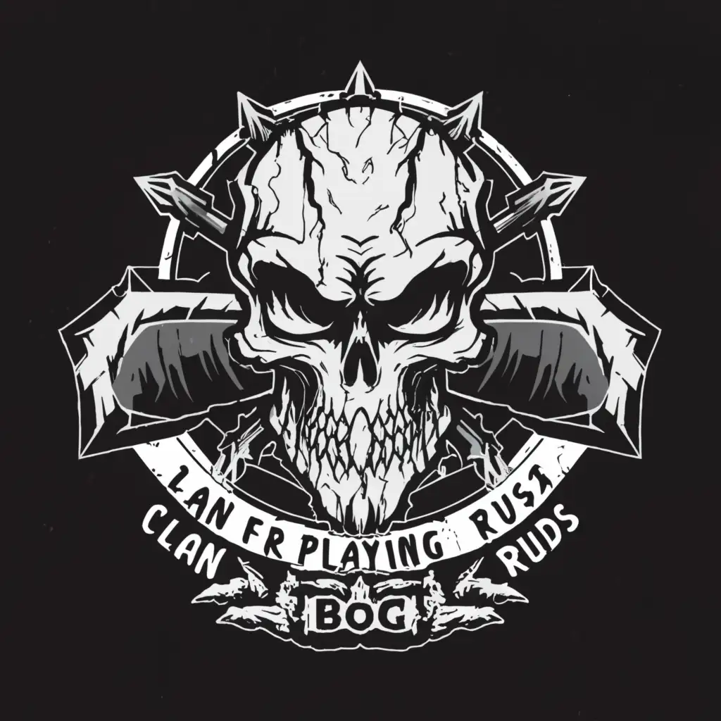 a logo design,with the text "clan for playing rust name BOG
Black and white
", main symbol:skull,Сложный,clear background