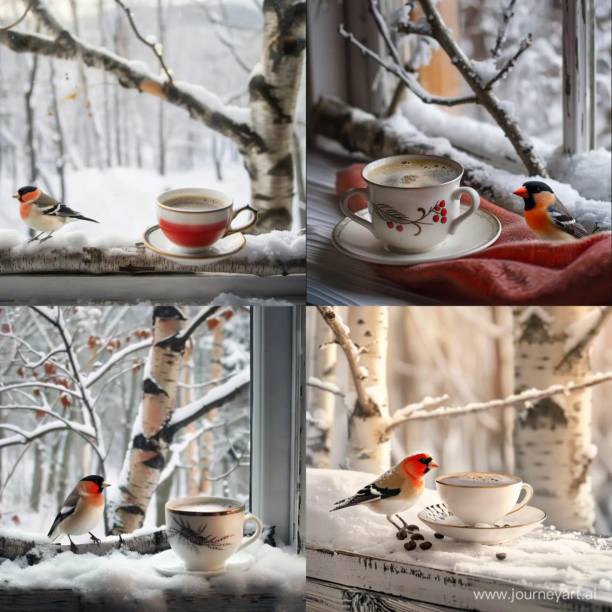 чашка горячего кофе, за окном снег, береза, снегирь
