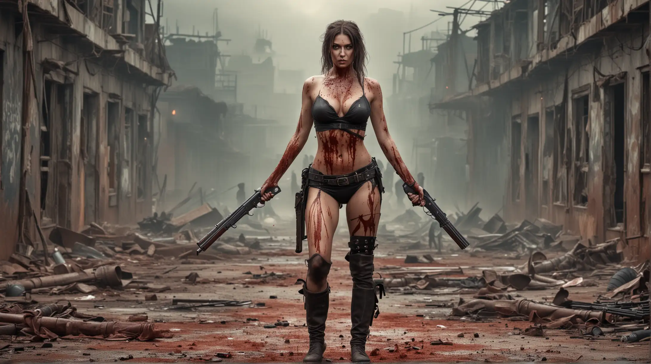 sexy woman bloody shooting battle. Post apocalyptic background