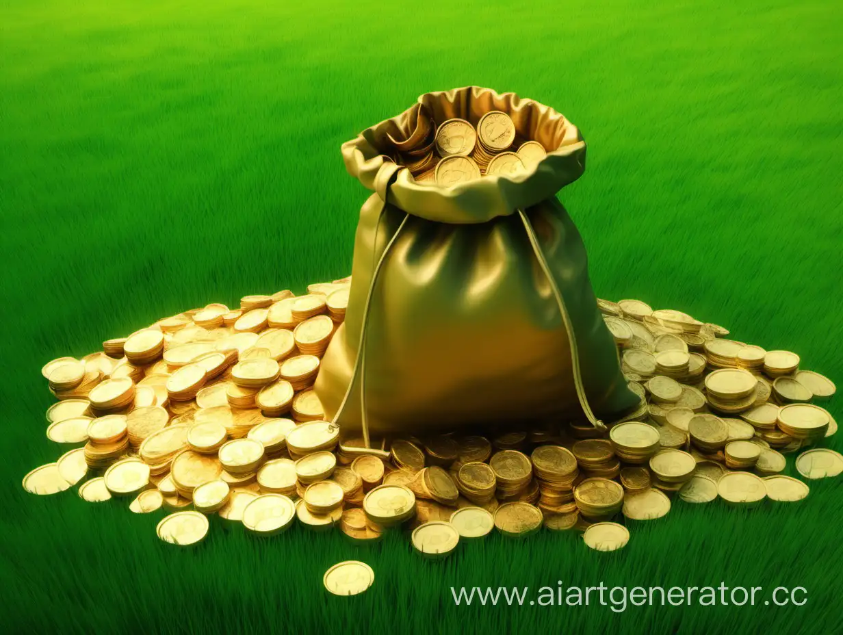 Scattered-Bag-of-Gold-Coins-on-Green-Field-Background