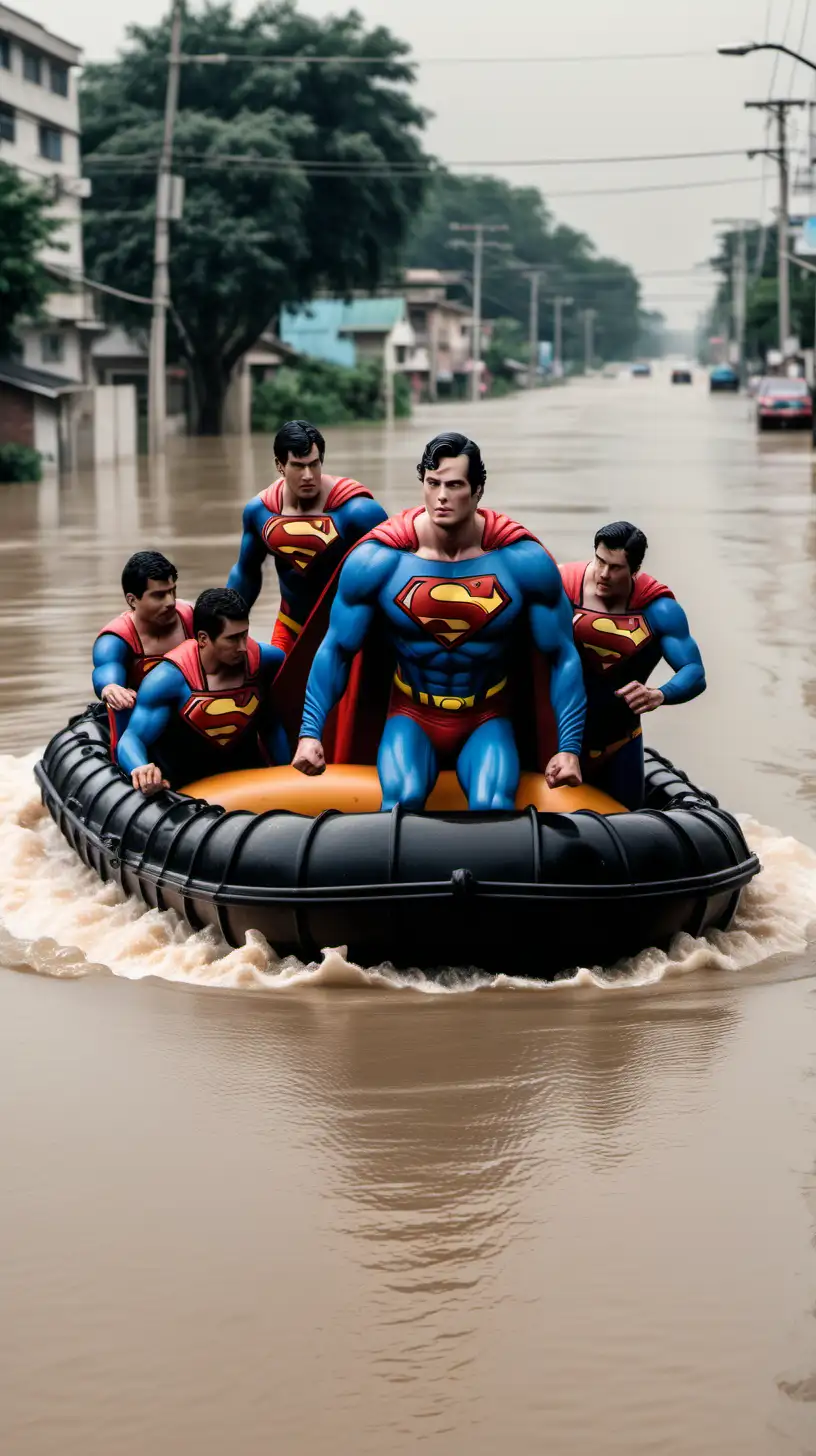 Superman Rescuing Passengers in City Flood Heroic Rubber Boat Action
