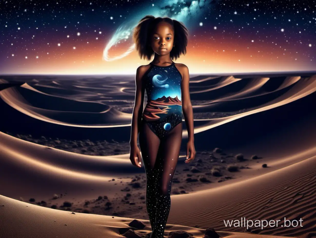 Desert landscape with a crater under the night sky with bright stars shining galaxy meteors African girl 12 years old in a pleasant bodystocking futurism baroque