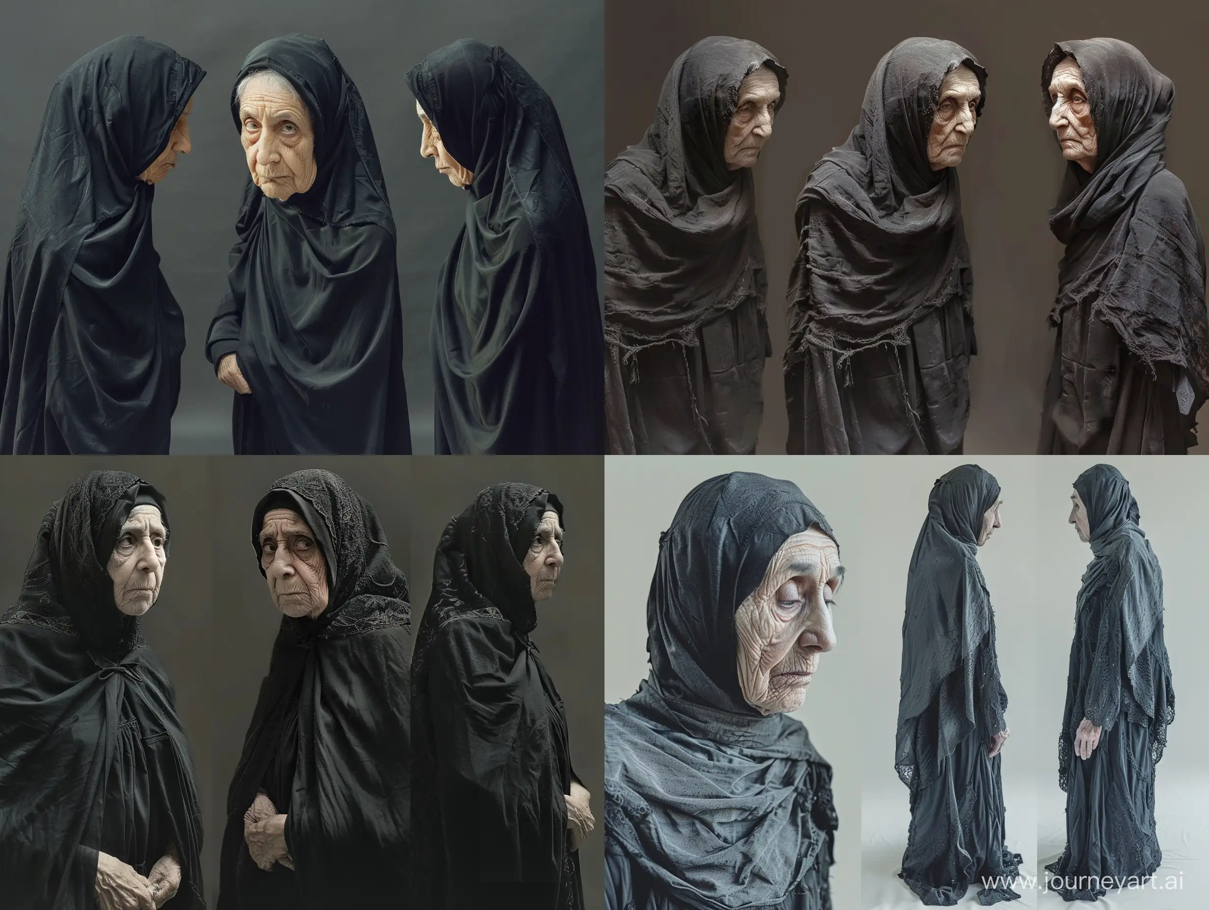 giga realistic photograph of an arab grandmother in gothic hijab, three diffrent views.