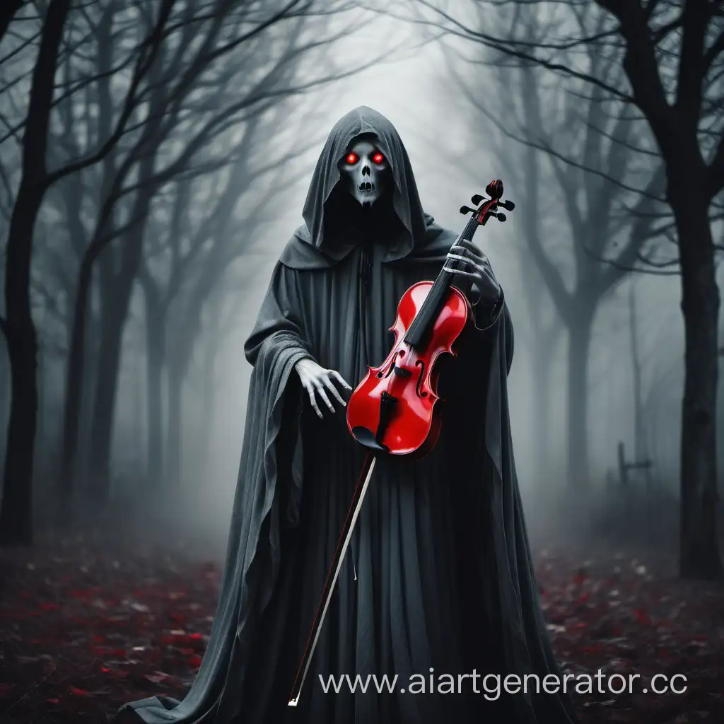 призрак в длинном балахоне с красными глазами и скрипкой в руках. Мрачный стиль