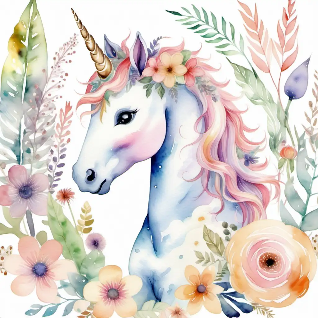 Generate a watercolor painting of a cute baby unicorn standing next to  its mother in boho-style and pastel colors surrounded by flowers and other botanical elements suitable for a child's nursery.