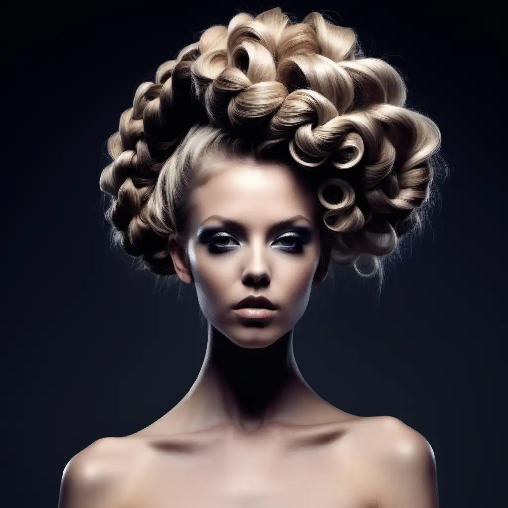 Generate a series of high-fashion, editorial hair looks that showcase innovative and artistic hairstyles. Focus on dramatic volume, intricate braiding, and avant-garde updos, incorporating elements of fantasy and modern fashion trends. Highlight the texture and flow of the hair, with an emphasis on bold shapes and silhouettes. Include a variety of hair types and lengths, from sleek, straight looks to lush, curly extravaganzas. Ensure the hairstyles are suitable for high-profile fashion editorials, embodying elegance, creativity, and cutting-edge style. Use a palette of natural hair colors enhanced with vibrant streaks or highlights to add depth and dimension. The final images should be visually striking, inspiring hairstylists with new ideas for photoshoots, runway shows, and special occasions.