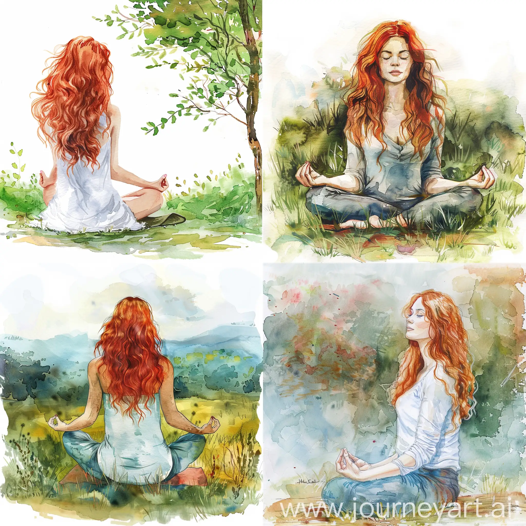 watercolor woman with wavy red hair is doing yoga in the nature