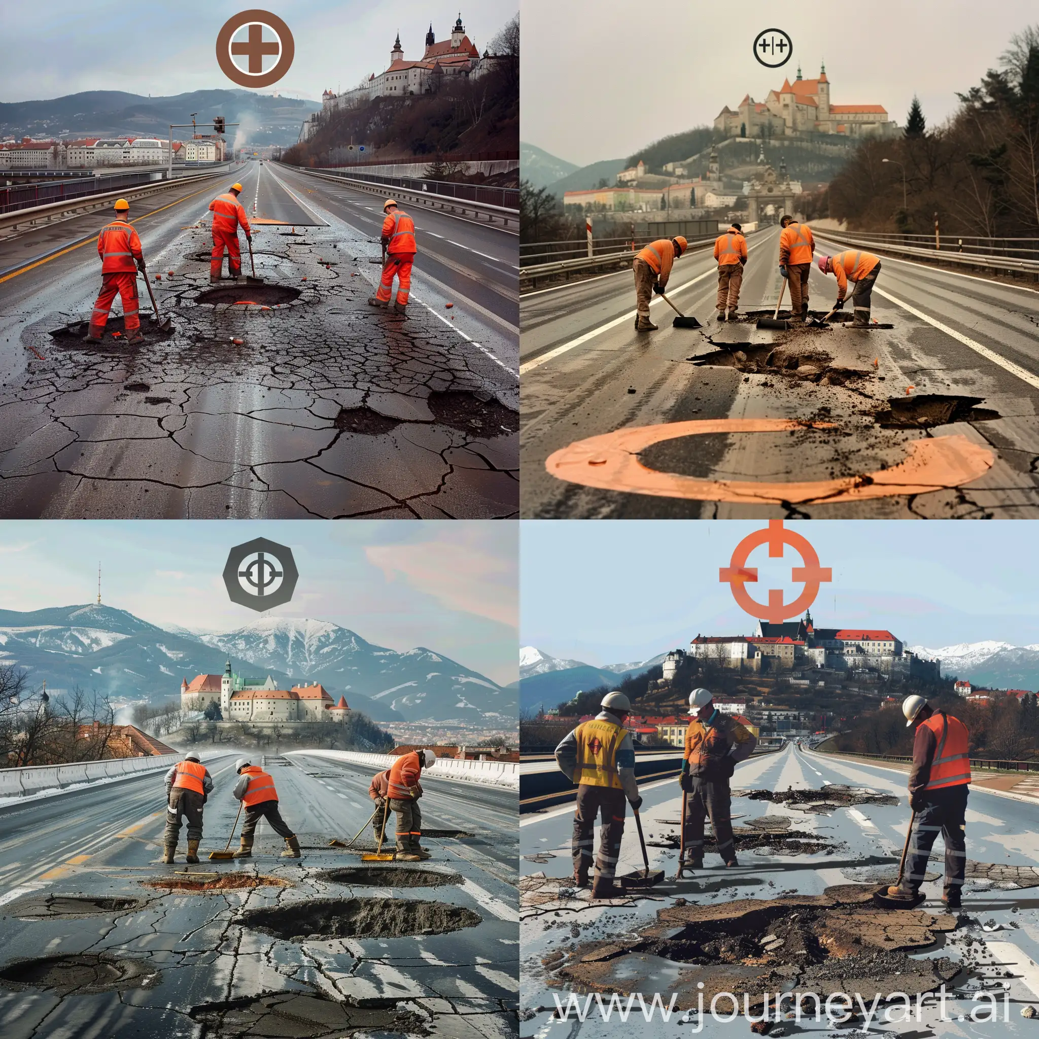 Highway, with some potholes on the surface, four road workers repairing them. Bratislava castle and High Tatras in the background. Stylized euro symbol on top to emphesize that repairs cost money.