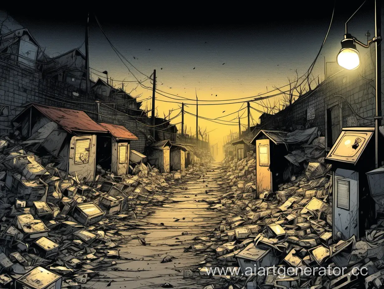 Garbage village underground, dim lamps, lifless, landscape, comic art style