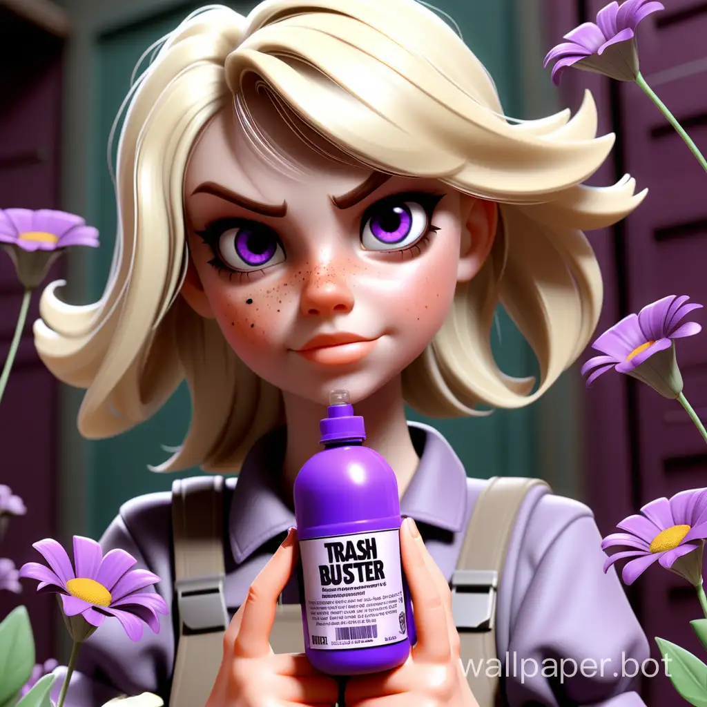 Красивая девушка блондинка рекламирует средство от запахов TRASH BUSTER, бутылка триггер фиолетовая с этикеткой TRASH BUSTER запах Цветов, надпись Septohim на одежде.