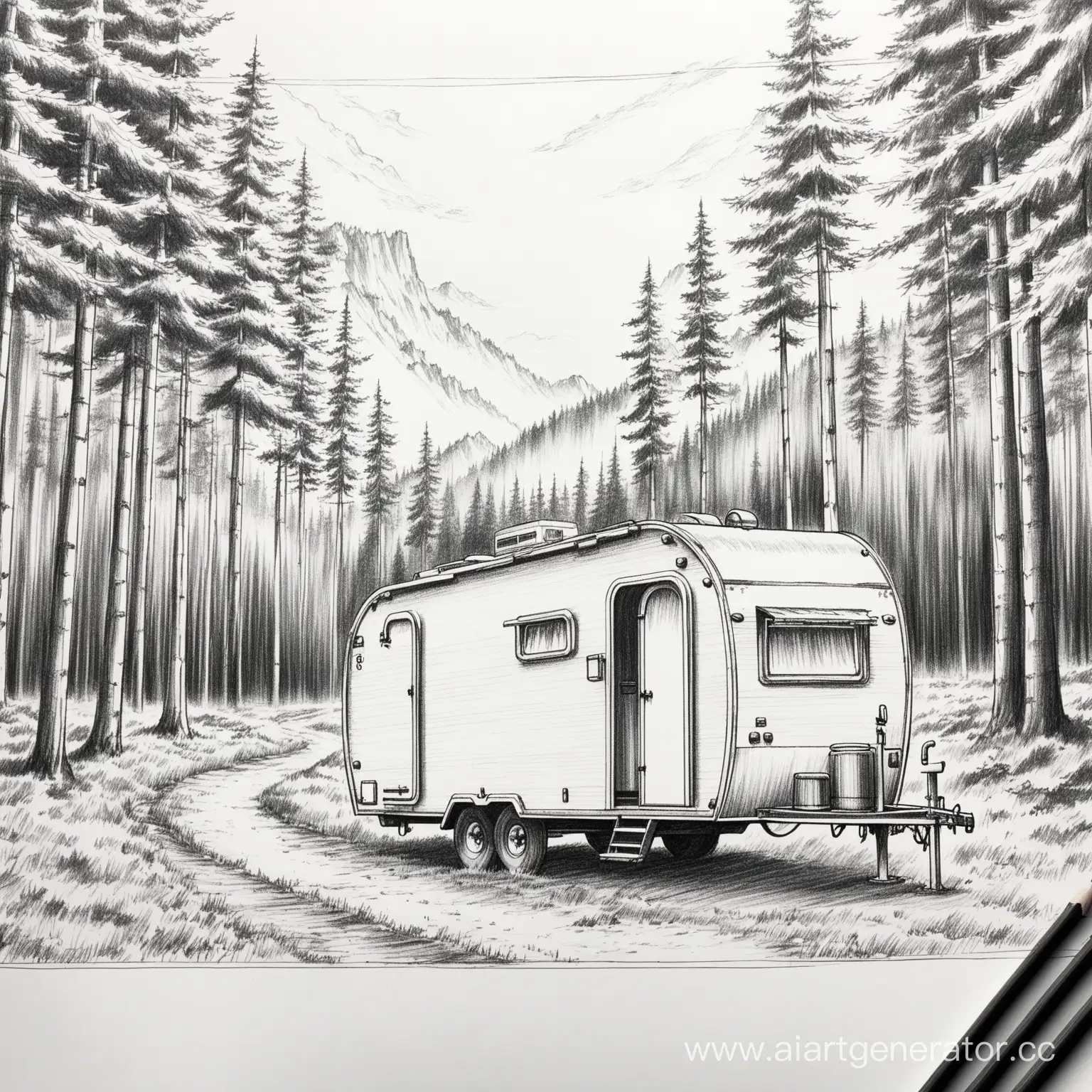 Trailer-in-Nature-Serene-Pencil-Drawing-of-a-Tranquil-Retreat