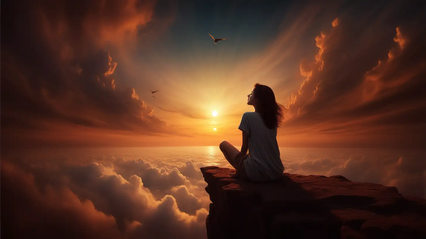 create a passionate, evocative image about a dreamer gazing into the sunset