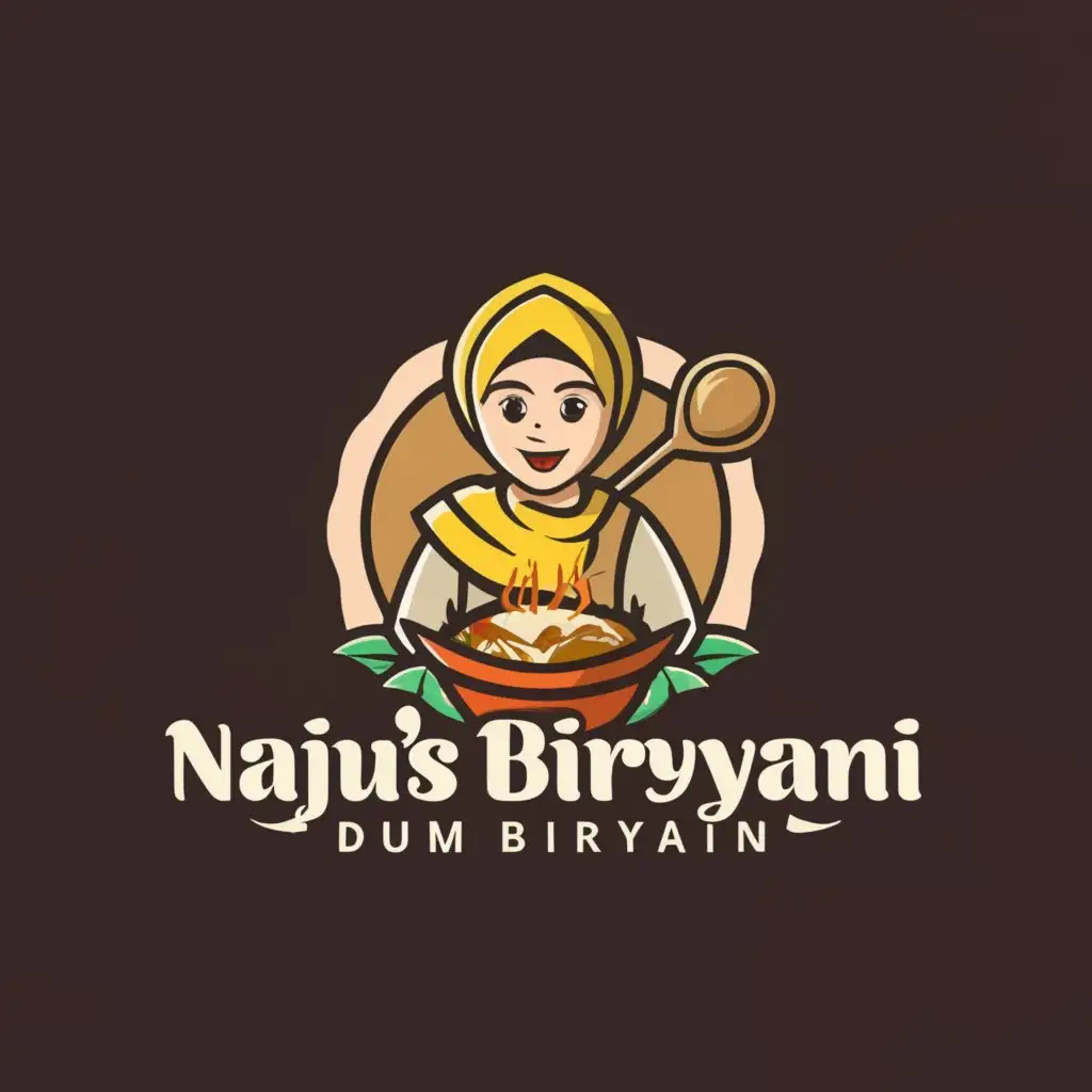 a logo design,with the text "NAJU's Dum Biriyani", main symbol:girl wearing hijabi holding a spoon,Minimalistic,clear background