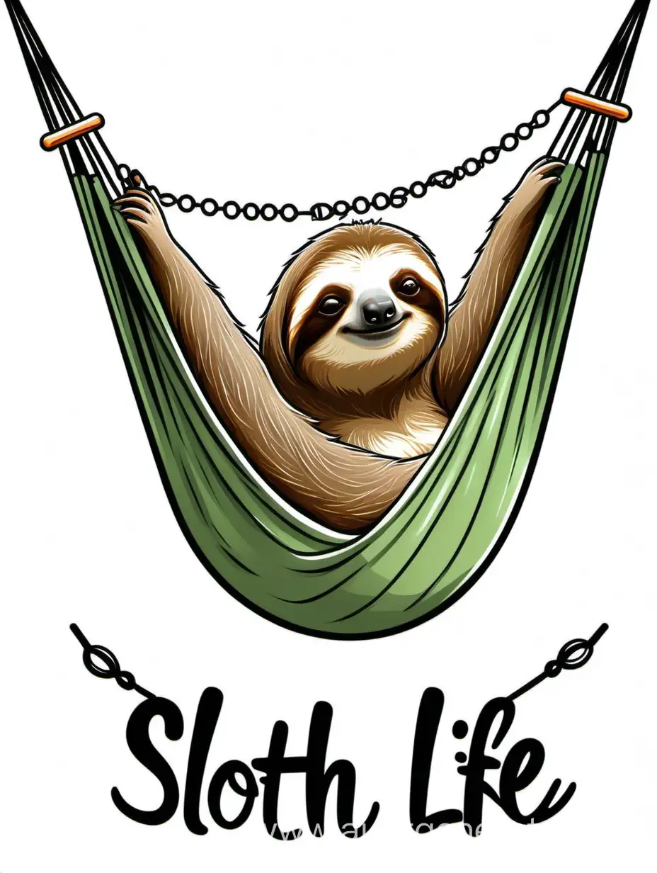 A sloth lounging in a hammock with the text "Sloth life" for T-shirt design, on a white background. 