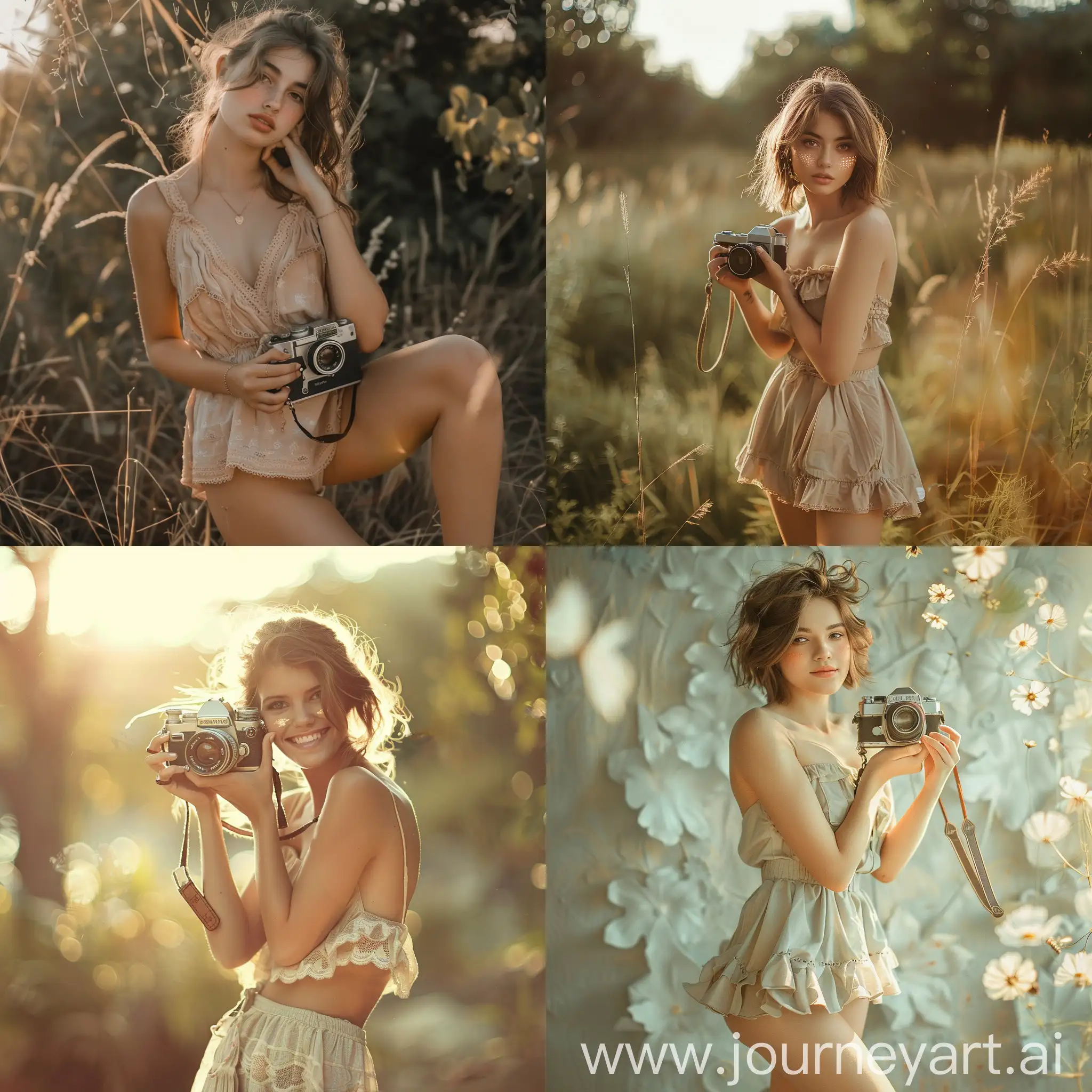 /imagine a girl with short frock and posing with camera with sun kissed cheeks