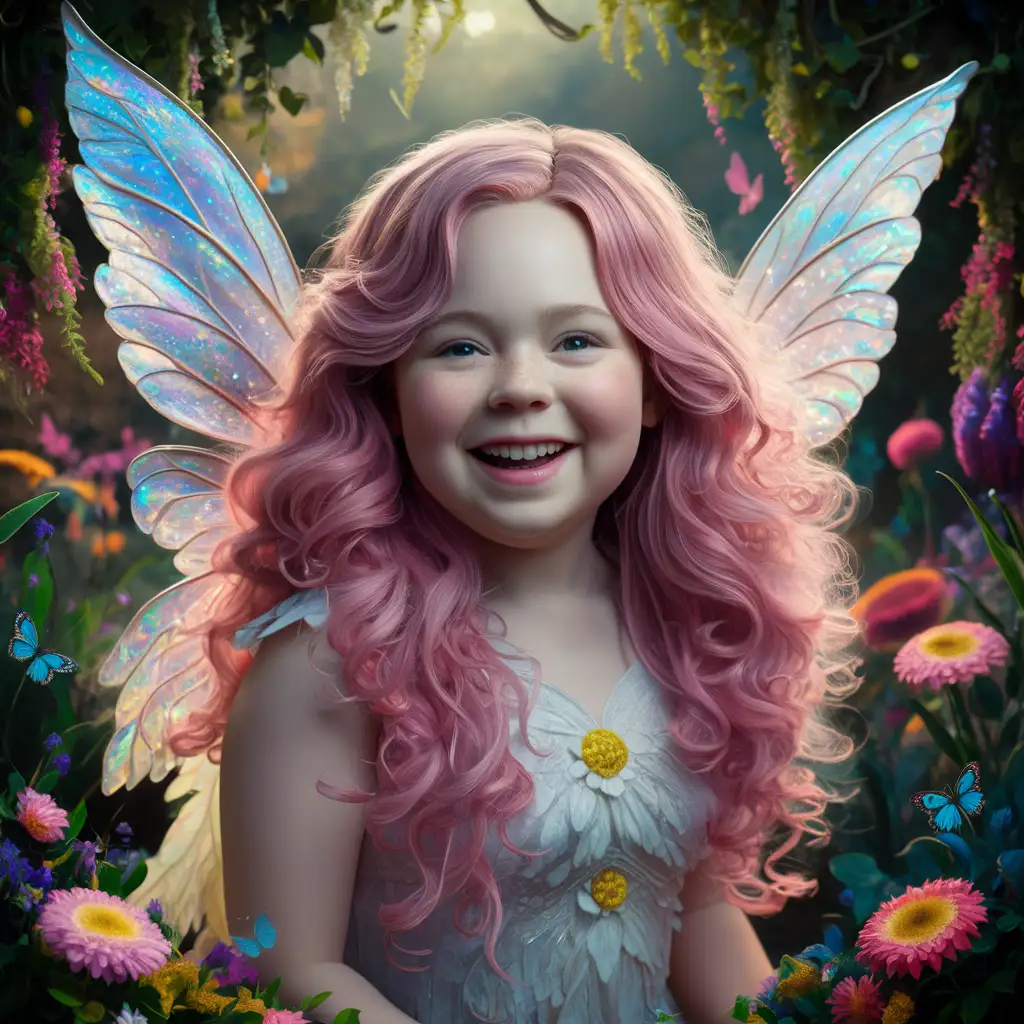 A vibrant and colorful realistic down syndrome  fairy girl with long pink hair smiling beautifully with iridescent wings 