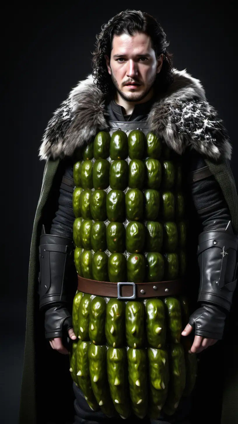 Generate a hyper-realistic image of a pickle wearing Jon Snow's outfit. The background should be dark and blurred, with the pickle looking directly into the camera. Pay meticulous attention to details, lighting, and realism to create an image where the pickle is dressed in Jon Snow's iconic outfit, while maintaining a hyper-realistic look.
