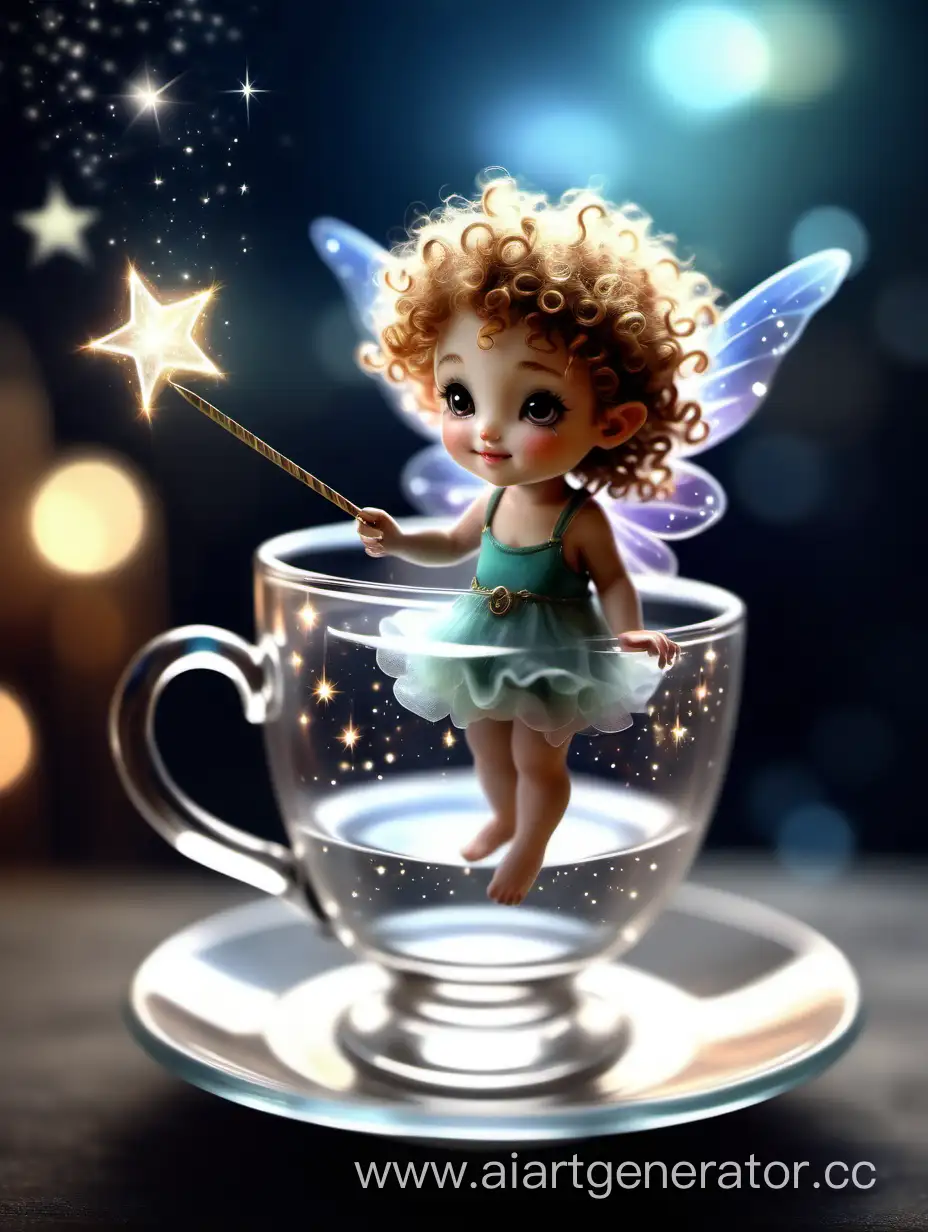 чашка чая, маленькая фея с кудрявыми волосами маленькими крыльями и палочкой в руках над чашкой, реализм, размытый фон, волшебство, звездочки на дне стакана, прозрачная чашка